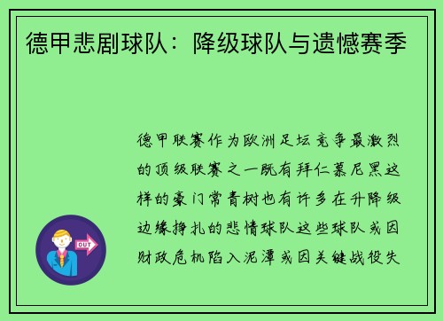 德甲悲剧球队：降级球队与遗憾赛季