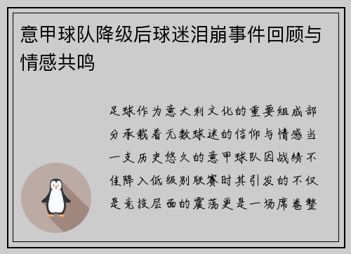意甲球队降级后球迷泪崩事件回顾与情感共鸣