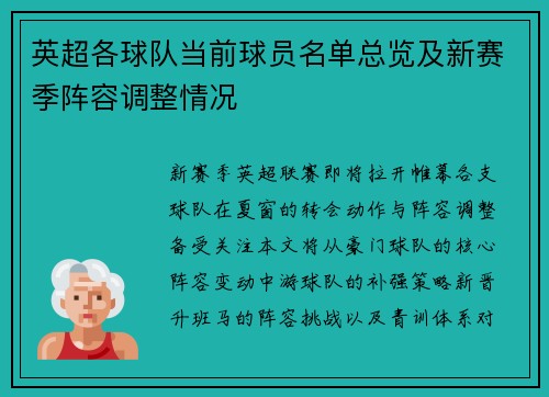 英超各球队当前球员名单总览及新赛季阵容调整情况